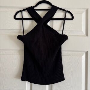 Avec Les Filles Ribbed Cross-Front Top | Black Sleeveless Chic Going-Out Top XL
